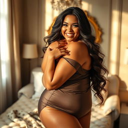 A confident and sexy plus-size model playfully teasing the camera with a captivating smile