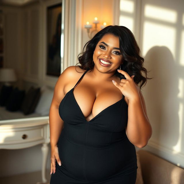 A confident and sexy plus-size model playfully teasing the camera with a captivating smile