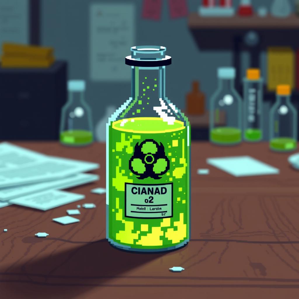 A pixel art representation of a bottle filled with a neon green acid, designed to appear scientific and intriguing