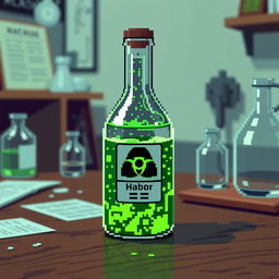 A pixel art representation of a bottle filled with a neon green acid, designed to appear scientific and intriguing