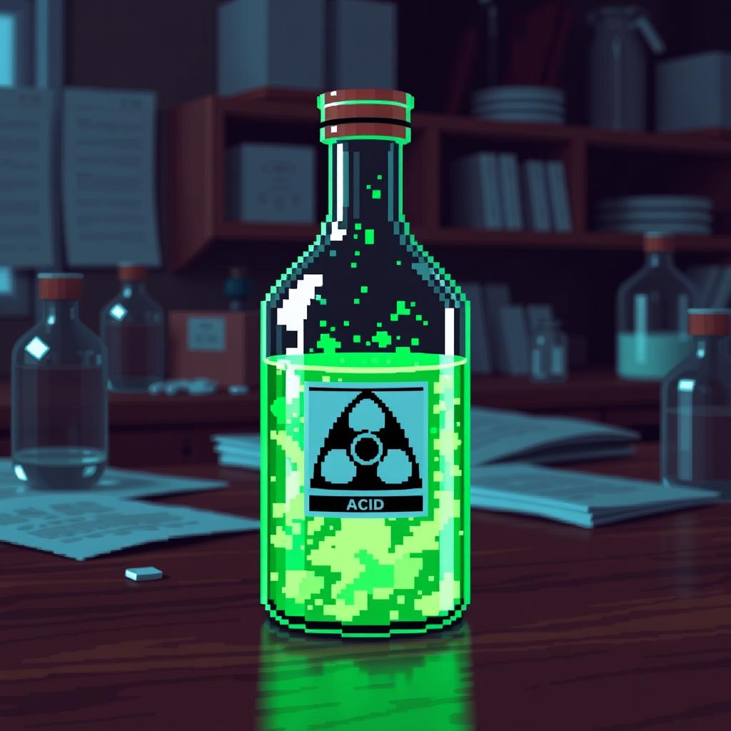 A pixel art representation of a bottle filled with a neon green acid, designed to appear scientific and intriguing