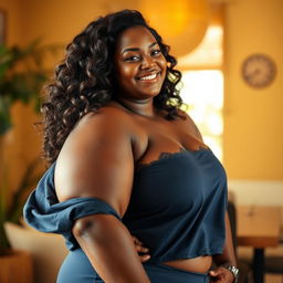 A beautifully smooth-skinned curvy woman with a confident and graceful demeanor, embracing her body positivity and radiating strength