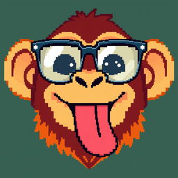 A pixel art depiction of a monkey head with its tongue hanging out playfully