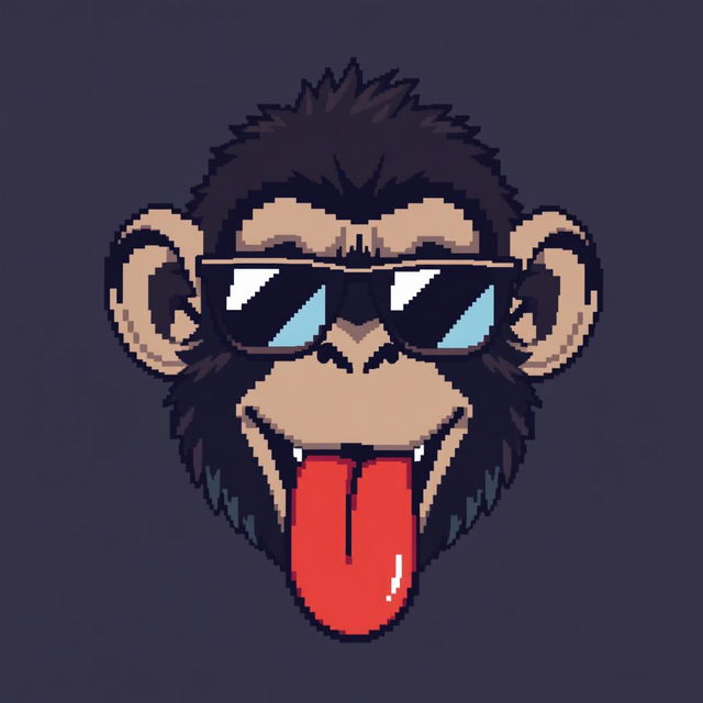 A pixel art depiction of a monkey head with its tongue hanging out playfully