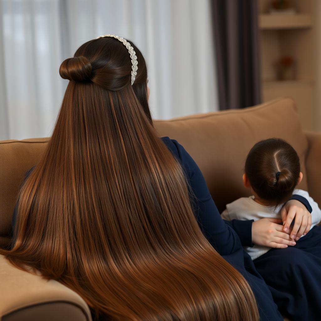 A mother with extremely long, silky hair adorned with a hairband is sitting on a sofa with her daughter