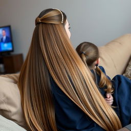 A mother with extremely long, silky hair adorned with a hairband is sitting on a sofa with her daughter