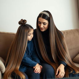 A mother with extremely long, silky hair adorned with a hairband is sitting on a sofa with her daughter