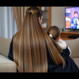 A mother with extremely long, silky hair adorned with a hairband is sitting on a sofa with her daughter