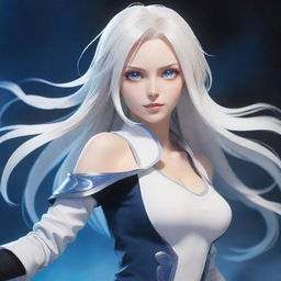 Anime female character in 2D style, featuring shoulder-length white hair, expressive blue eyes, and a dynamic pose in a fantasy setting.