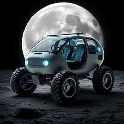 A versatile lunar vehicle designed for 4 to 6 people, adaptable for different users: research cabins for scientists, cargo space for traders, and comfortable seating for families