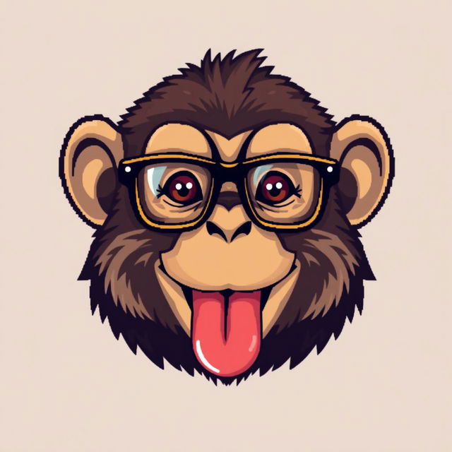 A pixel art style illustration of a monkey head with its tongue playfully sticking out