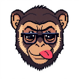 A pixel art style illustration of a monkey head with its tongue playfully sticking out