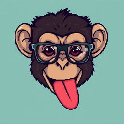 A pixel art style illustration of a monkey head with its tongue playfully sticking out