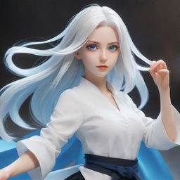 Anime female character in 2D style, featuring shoulder-length white hair, expressive blue eyes, and a dynamic pose in a fantasy setting.