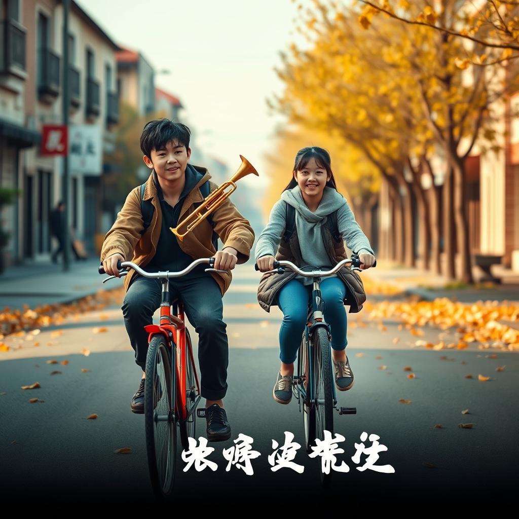 A movie poster featuring two 17-year-old Chinese teenagers riding bicycles through the streets of a county town