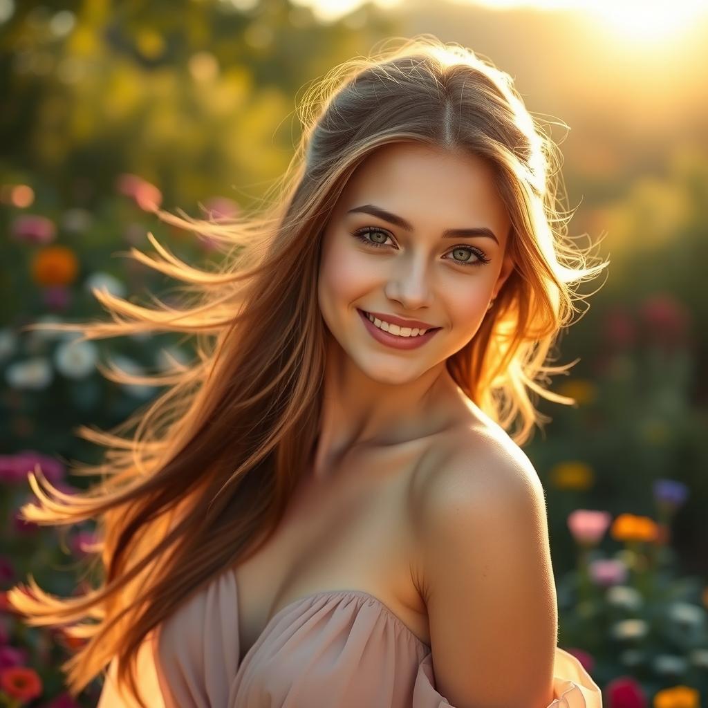 A stunning young woman with flowing, luscious hair cascading down her shoulders, possessing an enchanting smile that lights up the serene landscape around her