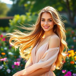 A stunning young woman with flowing, luscious hair cascading down her shoulders, possessing an enchanting smile that lights up the serene landscape around her