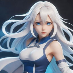 Anime female character in 2D style, featuring shoulder-length white hair, expressive blue eyes, and a dynamic pose in a fantasy setting.