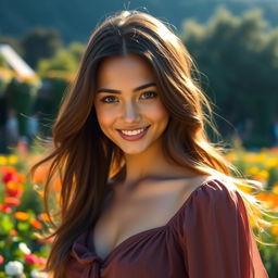 A stunning young woman with flowing, luscious hair cascading down her shoulders, possessing an enchanting smile that lights up the serene landscape around her