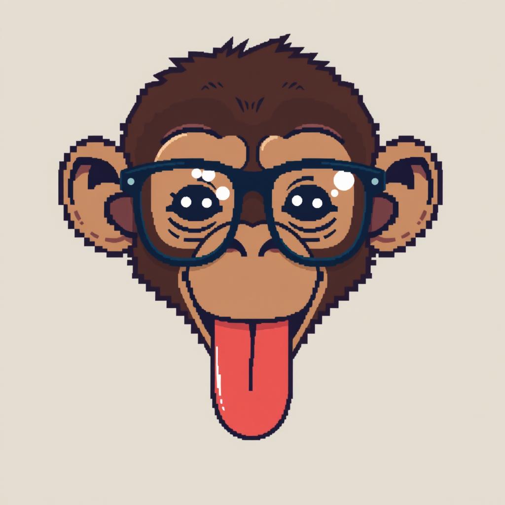 A pixel art style illustration of a monkey head with its tongue playfully sticking out