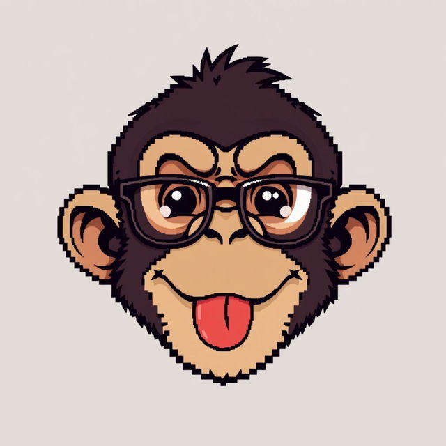 A pixel art style illustration of a monkey head with its tongue playfully sticking out