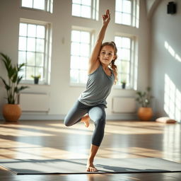 teenage girl practicing yoga in a serene indoor studio, focusing on flexibility and balance, wearing comfortable sporty attire, calm and focused expression, surrounded by peaceful decor and natural light pouring through large windows