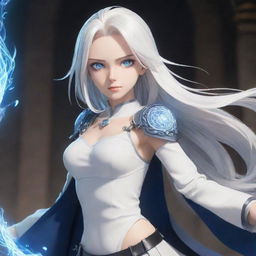 Anime female character in 2D style, featuring shoulder-length white hair, expressive blue eyes, and a dynamic pose in a fantasy setting.