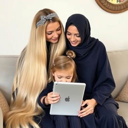 A mother with extremely long, silky hair adorned with a hairband sits on a sofa with her daughter