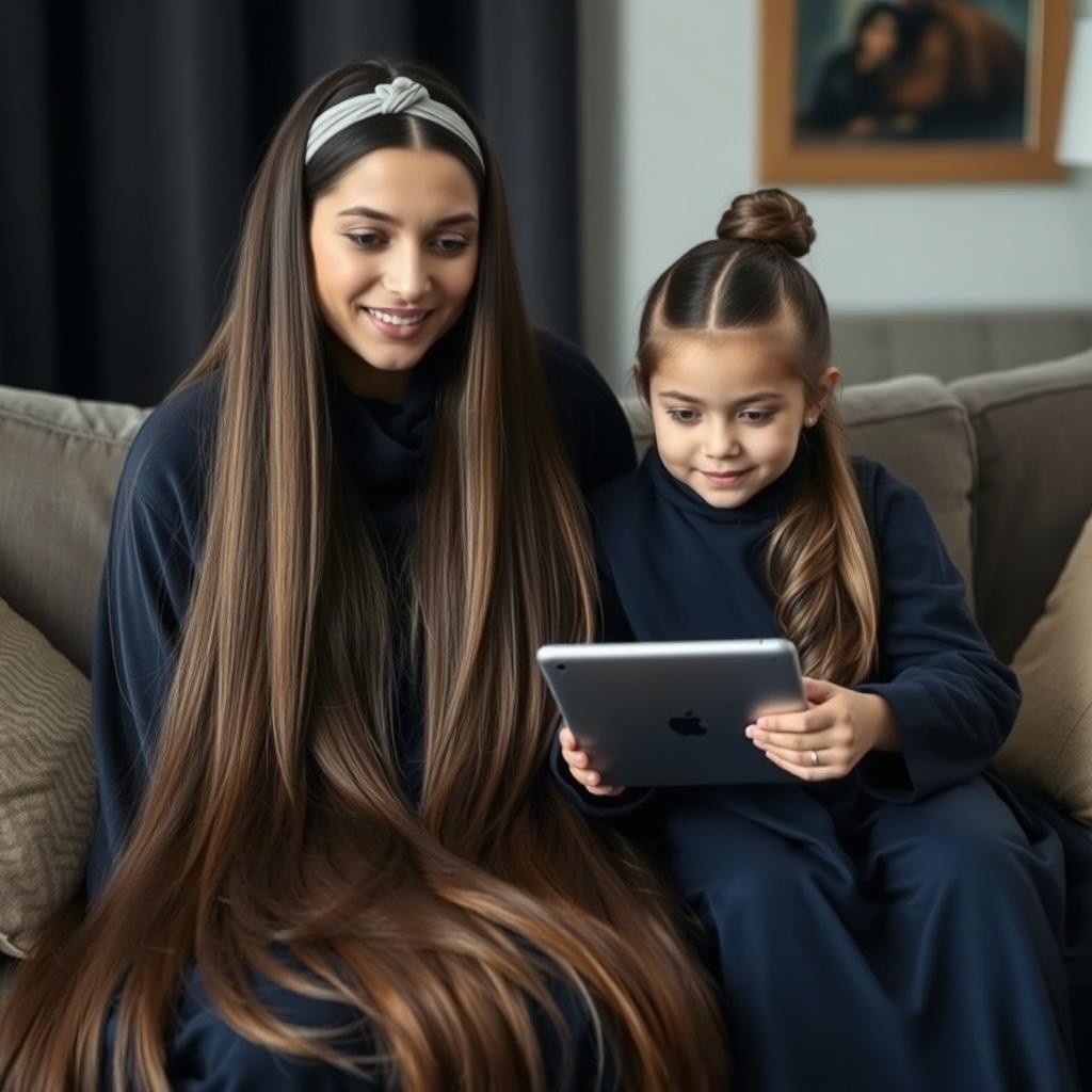 A mother with extremely long, silky hair adorned with a hairband sits on a sofa with her daughter