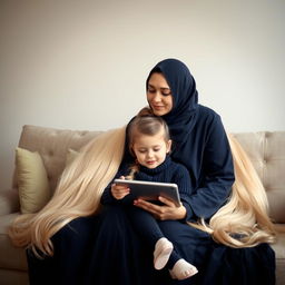 A mother with extremely long, silky hair adorned with a hairband sits on a sofa with her daughter