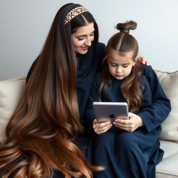 A mother with extremely long, silky hair adorned with a hairband sits on a sofa with her daughter