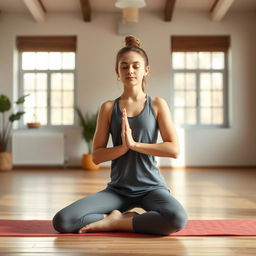 teenage girl practicing cat-cow yoga pose in a calm and serene indoor studio, wearing comfortable yoga attire, focused on flexibility and breathing, surrounded by soft lighting and minimalist decor, embodying relaxation and mindfulness