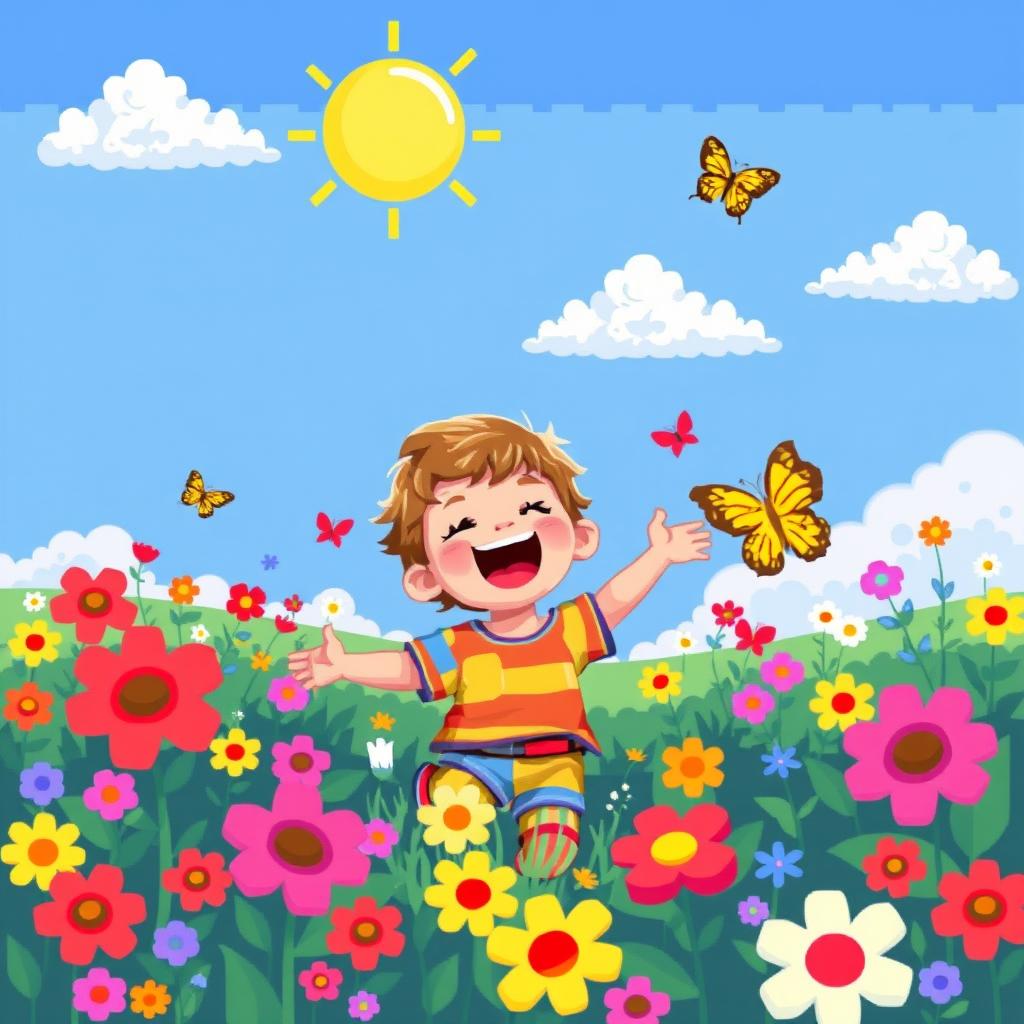 A pixel art portrait of a happy child playing in a vibrant, pixelated meadow filled with flowers and butterflies