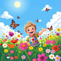 A pixel art portrait of a happy child playing in a vibrant, pixelated meadow filled with flowers and butterflies