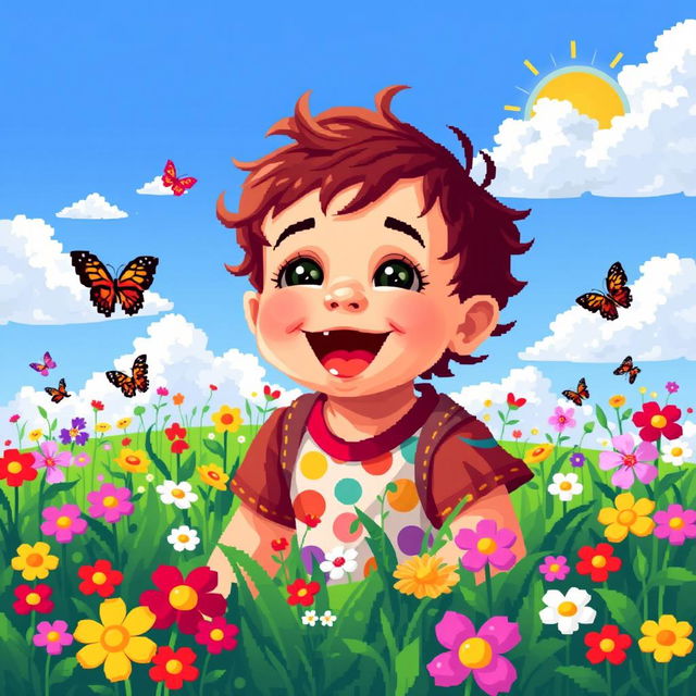 A pixel art portrait of a happy child playing in a vibrant, pixelated meadow filled with flowers and butterflies