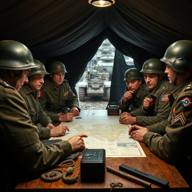 A group of World War 2 soldiers in authentic 1940s military uniforms, engaged in a strategic discussion over a map spread on a wooden table, inside a dimly lit command tent