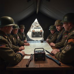 A group of World War 2 soldiers in authentic 1940s military uniforms, engaged in a strategic discussion over a map spread on a wooden table, inside a dimly lit command tent