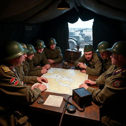 A group of World War 2 soldiers in authentic 1940s military uniforms, engaged in a strategic discussion over a map spread on a wooden table, inside a dimly lit command tent