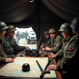 A group of World War 2 soldiers in authentic 1940s military uniforms, engaged in a strategic discussion over a map spread on a wooden table, inside a dimly lit command tent