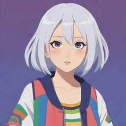 Anime female character in flat 2D style, with shoulder-length white hair, large expressive eyes, and a colorful anime outfit set against a simplistic background.