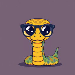 A snake wearing stylish glasses with large, expressive eyes, depicted in a retro pixel art style