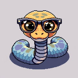 A snake wearing stylish glasses with large, expressive eyes, depicted in a retro pixel art style