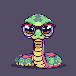 A snake wearing stylish glasses with large, expressive eyes, depicted in a retro pixel art style