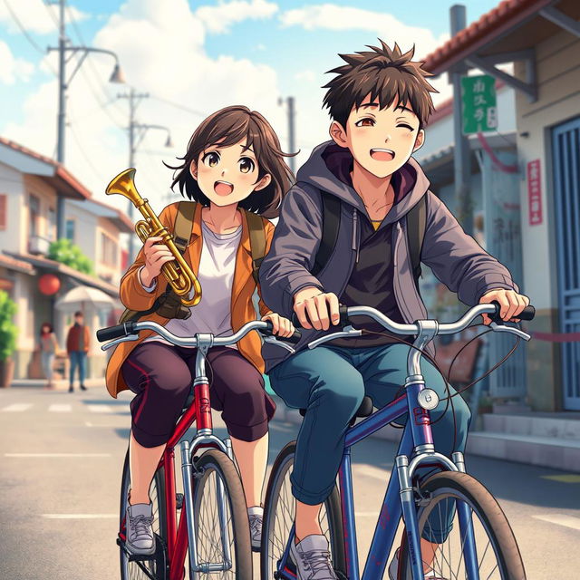 A realistic anime-style movie poster featuring two 17-year-old Chinese teenagers riding bicycles on a small town street