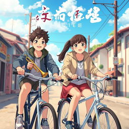 A realistic anime-style movie poster featuring two 17-year-old Chinese teenagers riding bicycles on a small town street