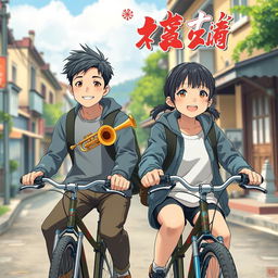 A realistic anime-style movie poster featuring two 17-year-old Chinese teenagers riding bicycles on a small town street