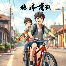 A realistic anime-style movie poster featuring two 17-year-old Chinese teenagers riding bicycles on a small town street