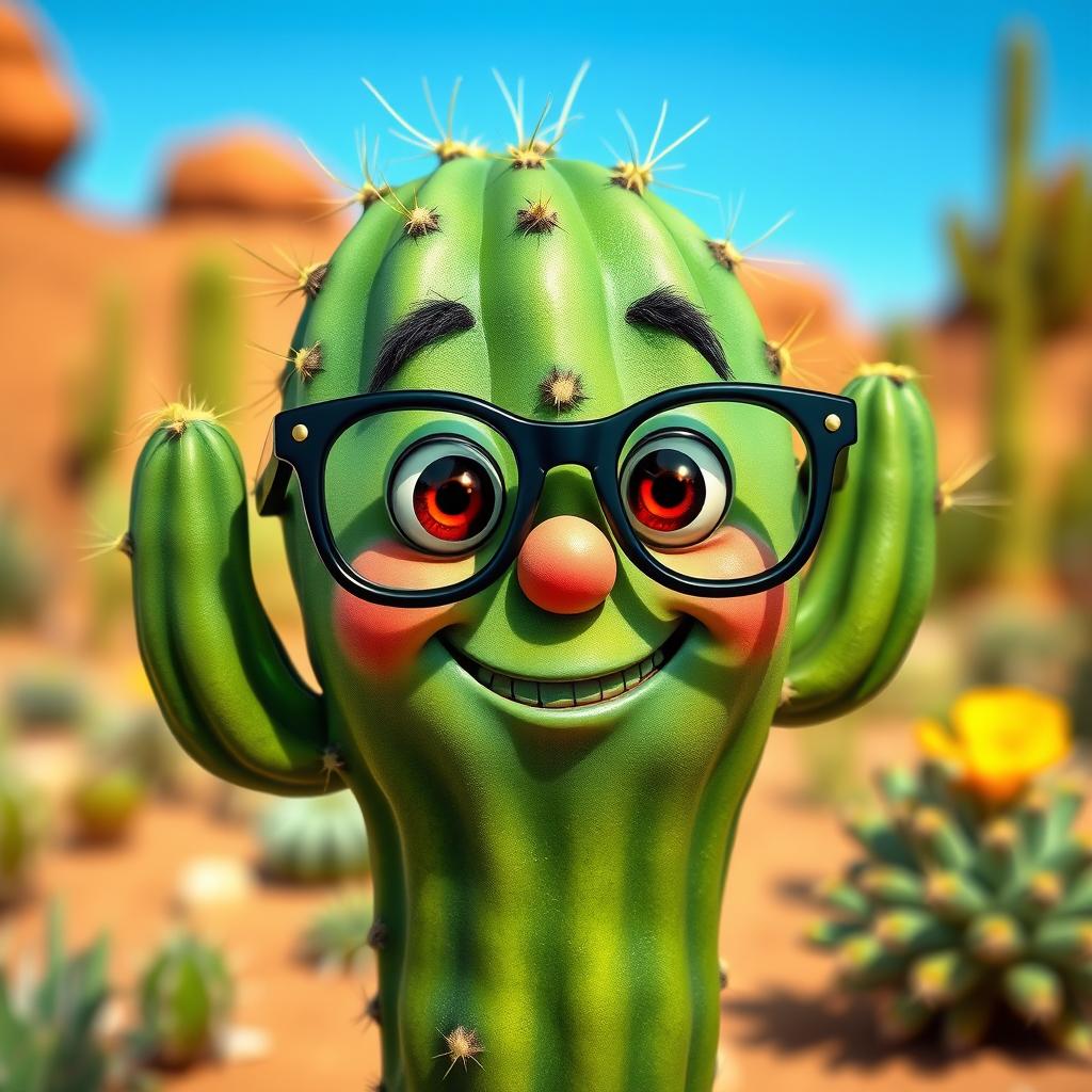 A whimsical cactus character with a friendly face and stylish glasses