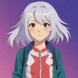 Anime female character in flat 2D style, with shoulder-length white hair, large expressive eyes, and a colorful anime outfit set against a simplistic background.