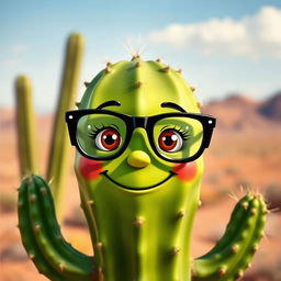 A whimsical cactus character with a friendly face and stylish glasses